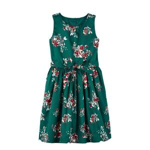 Carters Girls Green Floral Sateen Dress, Size 6/6x